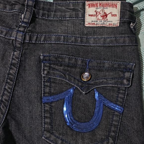 TRUE RELIGION Blue Sequined Horseshoe Skinny Jeans Womens Size 31 - Picture 4 of 6